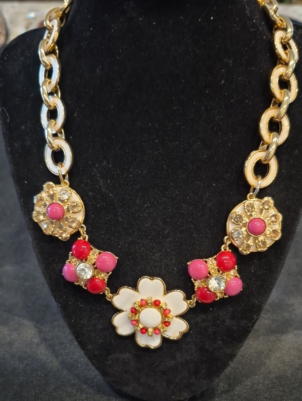 Talbots Gold-Tone Enamel Pink & White Floral Statement Necklace